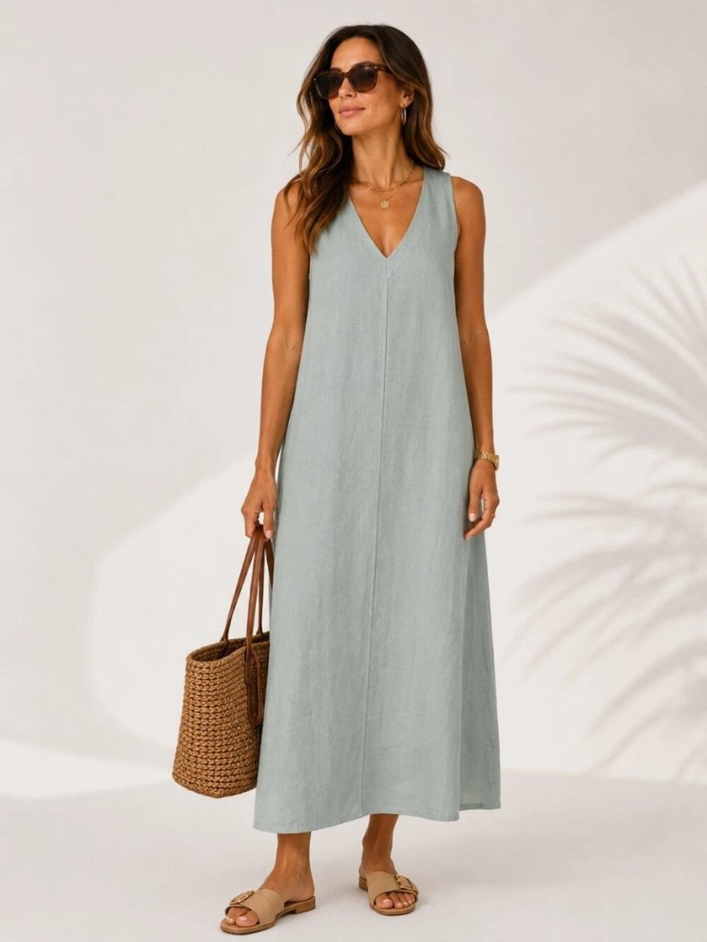 NWT DKNY Linen Blend Maxi Dress Womens Medium Light Blue V-Neck Side Slit $115
